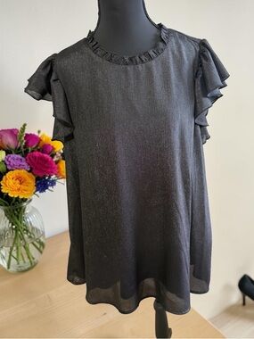 Andrée by Unit Black Shimmer Blouse Womens 1X Ruffle Sleeve Dressy Top
